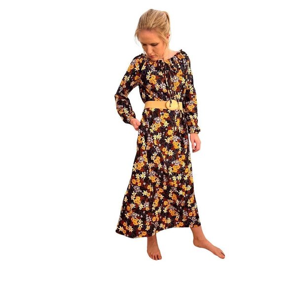 Vintage Mid Century 70s 80s Kaftan Mumu Maxi House Party Dress Floral Small - Picture 1 of 6
